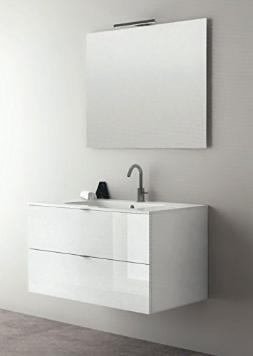 Yellowshop - Mobile Mobiletto Sospeso da Bagno in Legno Cm 90 Completo di Lavabo in Mineralmarmo E Specchiera LED Arredo Moderno Modello Andrè Varie Colorazioni (Bianco Laccato Lucido)