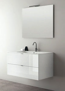 Yellowshop - Mobile Mobiletto Sospeso da Bagno in Legno Cm 90 Completo di Lavabo in Mineralmarmo E Specchiera LED Arredo Moderno Modello Andrè Varie Colorazioni (Bianco Laccato Lucido)