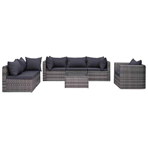 SKM Set Divani da Giardino 7 pz con Cuscini in Polyrattan Grigio (88.1kg)