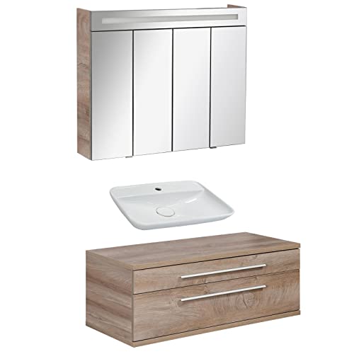 FACKELMANN - Set di mobili da bagno Stanford, 3 pezzi, con mobiletto da appendere e lavabo da appoggio, 110 cm e armadietto a LED