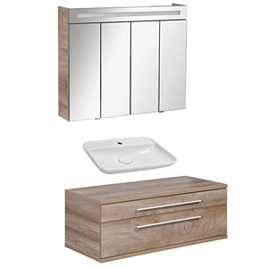 FACKELMANN - Set di mobili da bagno Stanford, 3 pezzi, con mobiletto da appendere e lavabo da appoggio, 110 cm e armadietto a LED
