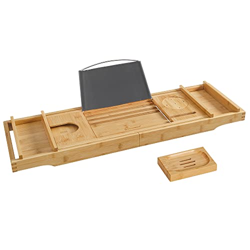 SONGMICS BCB88Y - Mensolina allungabile per Vasca da Bagno, in bambù, Regolabile, con Porta Bevande, Porta saponetta, Supporto per Libri, 75-109 x 4,5 x 23 cm (L x A x P)