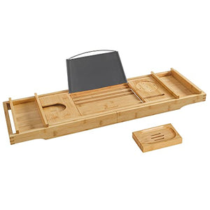 SONGMICS BCB88Y - Mensolina allungabile per Vasca da Bagno, in bambù, Regolabile, con Porta Bevande, Porta saponetta, Supporto per Libri, 75-109 x 4,5 x 23 cm (L x A x P)