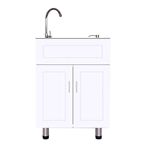 Kitchen Sinks Mobile per lavabo in Acciaio Inox, Mobile per lavabo da Terra Bianco con 2 Ante battenti e lavabo Rettangolare, lavabo Singolo/Doppio