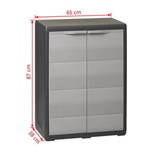 Cikonielf Armadietto da Giardino in Polipropilene con 2 Porte e 1 Ripiano Regolabile Ventilato,Armadio da Giardino Basso con Scanalature di Scolo,65 x 38 x 87 cm,Nero e Grigio