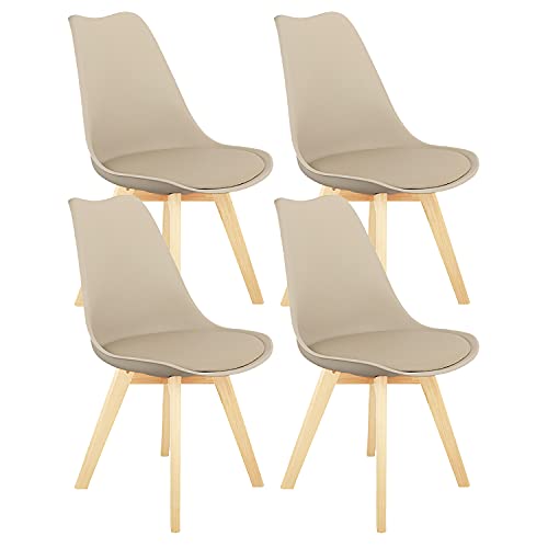 n/c JIASEN Set di 4 Sedie da Pranzo con Cuscini in Pelle Sintetica Ben Imbottiti e Gambe in Faggio Sedie Tulip per Sala da Pranzo Soggiorno Camera da Letto Cucina (Cachi)