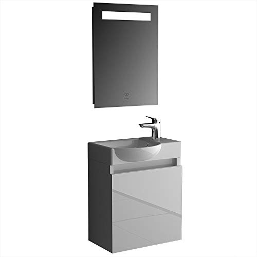 Alpenberger Lavabo in ceramica sanitaria I mobiletto preassemblato bianco laccato lucido I LED illuminazione specchio I bagno ospiti WC arredamento sinistra