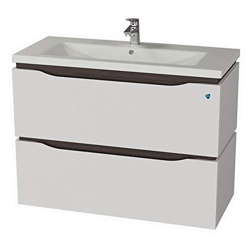 Elean Mobile da bagno con mobiletto sotto lavabo, colore bianco wengé lucido, pronto per il montaggio, nuovo (80 cm)