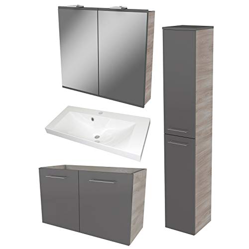 FACKELMANN Set da 4 mobili da bagno Lima, con mobiletto e lavabo in ghisa, 80 cm, con specchio a LED