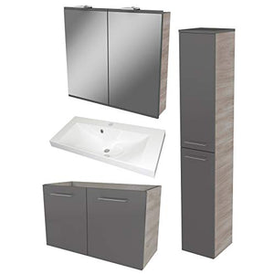 FACKELMANN Set da 4 mobili da bagno Lima, con mobiletto e lavabo in ghisa, 80 cm, con specchio a LED