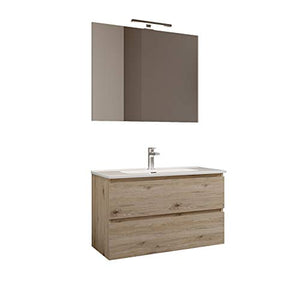 MaMa Store Atena Mobile sospeso con lavabo, specchio e lampada LED, Laminato, Quercia Naturale L. 81 X P. 47 X H. 53 Cm