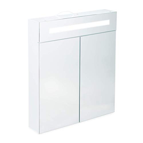 Relaxdays Armadietto da Bagno a Specchio, 2 Ante, 3 Scomparti, Presa Elettrica, Mobiletto Pensile con LED, Glass, Bianco, 67 x 60 x 12 cm
