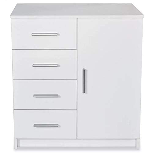 Cikonielf Credenza Buffet con 4 cassetti e anta, mobile ausiliare comò per sala da pranzo, soggiorno, camera da letto, 79 x 35 x 88 cm, bianco opaco