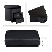 Relaxdays Pouf Contenitore Pieghevole, Scomparto Interno, 2 Cassetti Rimovibili, Cubo, finta pelle, Nero, HxLxP: 38 x 38 x 38 cm
