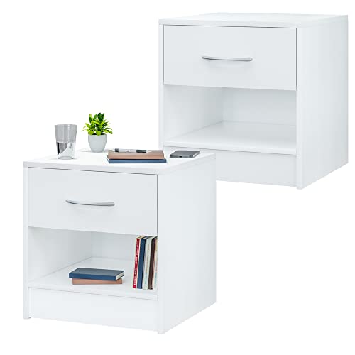 Casaria Set 2 Comodini Cassetto Ripiano d' Appoggio 41x39x28 cm Legno Comò Notte Camera Letto Bianco