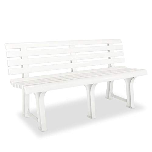 Panca da giardino di design con schienale in plastica resistente, panchina da esterno, panca da giardino, ideale per balcone, giardino, 145,5 x 49 x 74 cm, colore: bianco