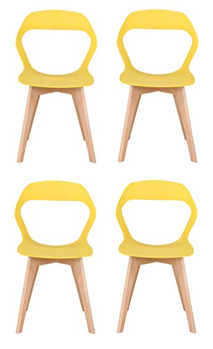 Sedia in polipropilene e gambe di faggio, design semplice e moderno, con schienale cavo, per sala da pranzo, cucina, soggiorno, ristorante, ufficio, sala riunioni, set da 4 (giallo)