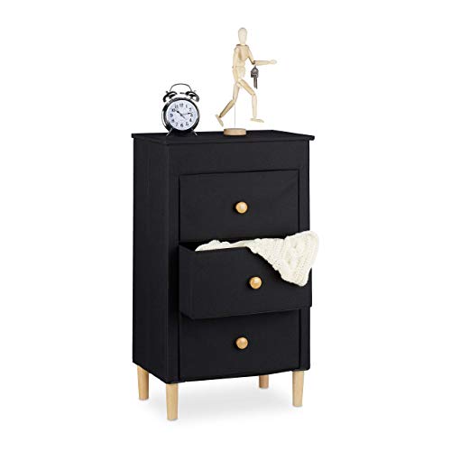 Relaxdays, nero Cassettiera, 3 Cassetti in Stoffa con Impugnature,Salvaspazio, Gambe in Legno, Comodino,Camera e Salotto, poliestere, cartone, 82 x 48 x 32 cm