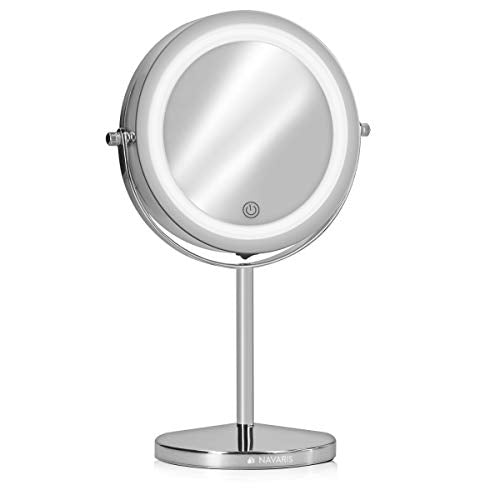 Navaris Specchio Ingrandente Rotondo con 17 LED - Ingranditore 5X Trucco Rasatura - Specchietto da Tavolo Luce Dimmer Touch - Girevole 360° Argento