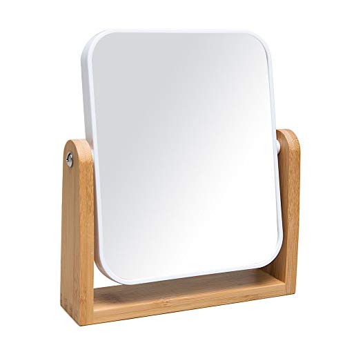 YEAKE - Specchio da trucco con supporto in bambù naturale, ingrandimento 20,2 cm, 1 x 3 x, con doppia lente di ingrandimento girevole a 360 gradi, da tavolo portatile, scrivania da lavoro e da bagno
