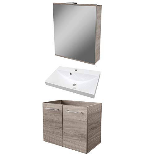 FACKELMANN - Set di mobili da bagno effetto legno, 3 pezzi, con mobiletto sottolavello, 60 cm e armadietto a LED