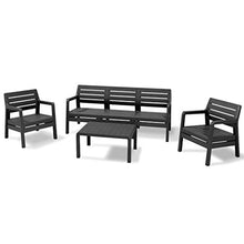 Allibert 224084 Set Lounge, 2 poltrone, 1 Divano a 3 posti, 1 Tavolo Delano, Effetto Legno, plastica, Grafite