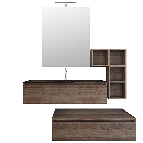 bonussi Mobile Bagno Sospeso 140-160 cm Lavabo Nero Specchio Pensile e Cassettone Kelly Rovere Scuro