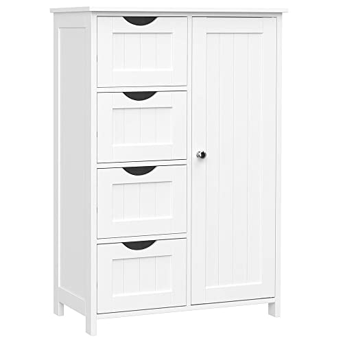 VASAGLE Mobile da Bagno, Armadietto Autoportante, Mobiletto in Legno con 4 Cassetti e Anta, Ripiano Regolabile, per Soggiorno, Cucina, Corridoio, Bianco LHC41W