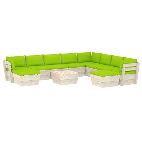 SKM Set Divani da Giardino su Pallet 11 pz con Cuscini Legno Abete (204.7kg) Verde-3695