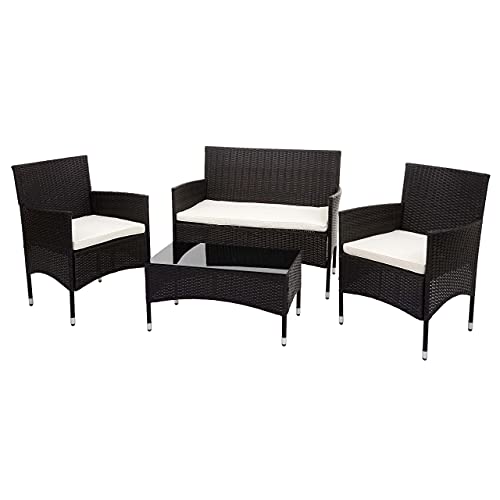 Mendler Salottino da Esterno Giardino HWC-F55 polyrattan Marrone con Cuscini Avorio