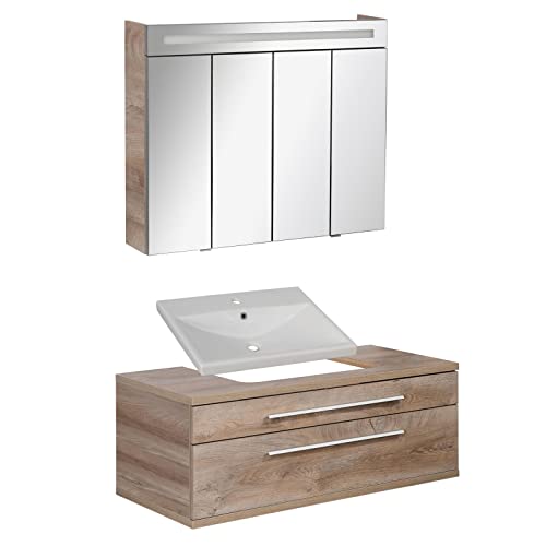 FACKELMANN - Set di mobili da bagno Stanford, 3 pezzi, con mobiletto da appendere e lavabo in ceramica, 110 cm, con specchio a LED