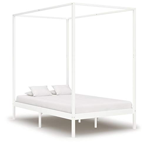 BIGTO - Struttura letto a baldacchino in legno di pino massiccio, per camera da letto, colore: bianco, 140 x 200 cm