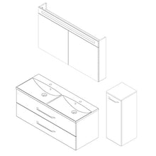 FACKELMANN B.Clever - Set di mobili da bagno, 3 pezzi, 120-150 cm, in frassino con lavabo in doppio marmo e armadietto a specchio a LED