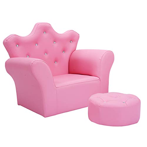 GOPLUS Divano con Poggiapiedi per Bambini, Poltrona Morbida con Struttura in Legno, Set di Divano e Pouf da Soggiorno, Rosa, 58x40,5x48 cm
