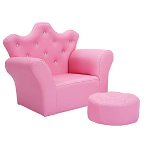 GOPLUS Divano con Poggiapiedi per Bambini, Poltrona Morbida con Struttura in Legno, Set di Divano e Pouf da Soggiorno, Rosa, 58x40,5x48 cm