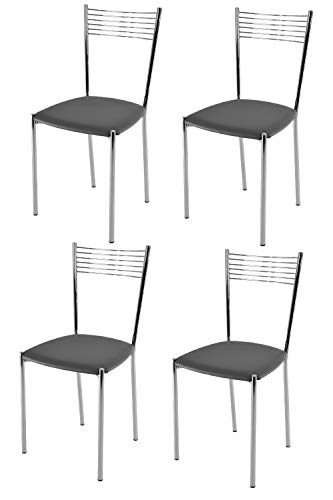 Tommychairs - Set 4 sedie modello Elegance per cucina bar e sala da pranzo, struttura in acciaio cromato e seduta imbottita e rivestita in pelle artificiale colore grigio scuro