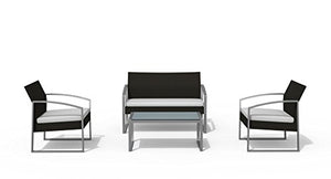 Salotto alicante con divano Colore Nero lavato, set da 4 pezzi: 2 poltrone, 1 divano, 1 tavolo, struttura in acciaio verniciato grigio, cuscini in polyester, Garden Friend