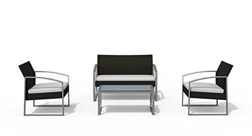 Salotto alicante con divano Colore Nero lavato, set da 4 pezzi: 2 poltrone, 1 divano, 1 tavolo, struttura in acciaio verniciato grigio, cuscini in polyester, Garden Friend