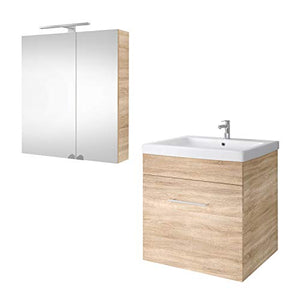 Planetmöbel Mobiletto da bagno in rovere Sonoma con lavabo da 60 cm e armadietto a specchio con illuminazione a LED, set di mobili da bagno