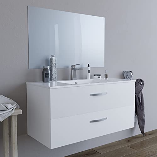 Mobile bagno SOSPESO 100 cm con lavabo in ceramica e specchio con cassetti BIANCO LINDA 8210