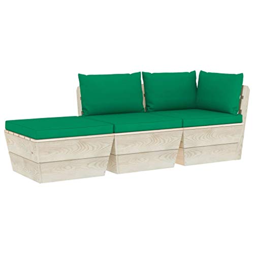 SKM Set Divani da Giardino su Pallet 3 pz con Cuscini Legno Abete (56.1kg) Verde-3425