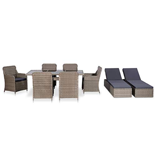 Festnight 9 pz Set da Pranzo da Giardino, Tavolo da Giardino con Sedie, Lettino Prendisole, Salotto da Giardino, in Polyrattan Marrone e Grigio Scuro