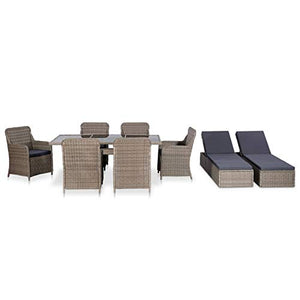 Festnight 9 pz Set da Pranzo da Giardino, Tavolo da Giardino con Sedie, Lettino Prendisole, Salotto da Giardino, in Polyrattan Marrone e Grigio Scuro