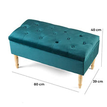 MONTEMAGGI Poggiapiedi Cassapanca Contenitore in Velluto Blu Petrolio con Gambe in Legno, 35 Litri 80X39X40 cm