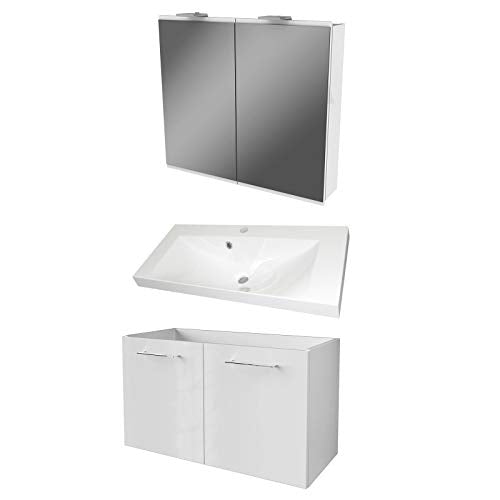 FACKELMANN Set di mobili da bagno 3 pezzi, colore bianco lucido, con mobiletto sotto lavabo, 80 cm e armadietto a specchio a LED