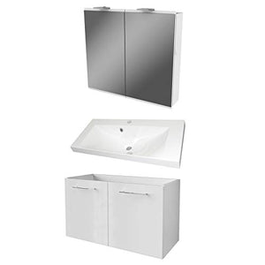 FACKELMANN Set di mobili da bagno 3 pezzi, colore bianco lucido, con mobiletto sotto lavabo, 80 cm e armadietto a specchio a LED
