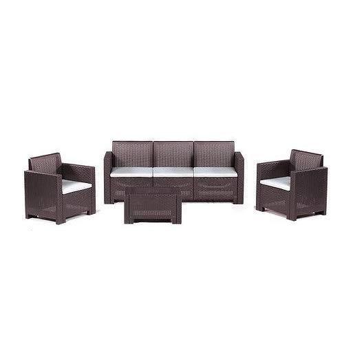 GrecoShop Divano Tre sedute con Poltrone e Tavolino/Salotto/Salottino per Esterno/Arredo Giardino - MOD. Seattle Marrone/Brown - Bianco/White - Antracite - Arredi Casa