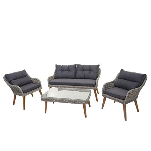 Mendler Salottino da Esterno HWC-H64 polyrattan Legno di Acacia Spun Poly Cuscini Grigio Scuro