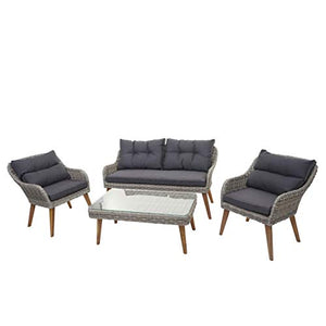 Mendler Salottino da Esterno HWC-H64 polyrattan Legno di Acacia Spun Poly Cuscini Grigio Scuro