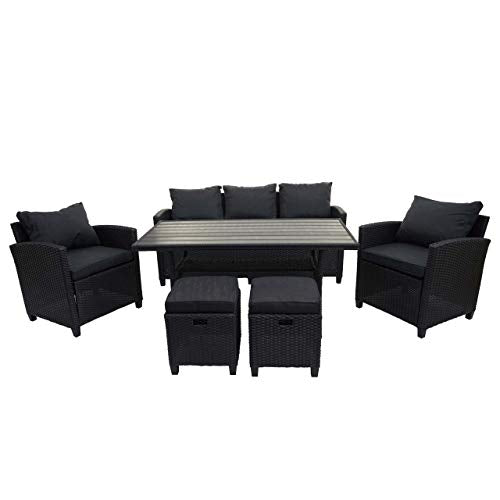 Mendler Salottino da Giardino con Tavolo e 2X Pouf HWC-E95 polyrattan Nero Cuscini Antracite